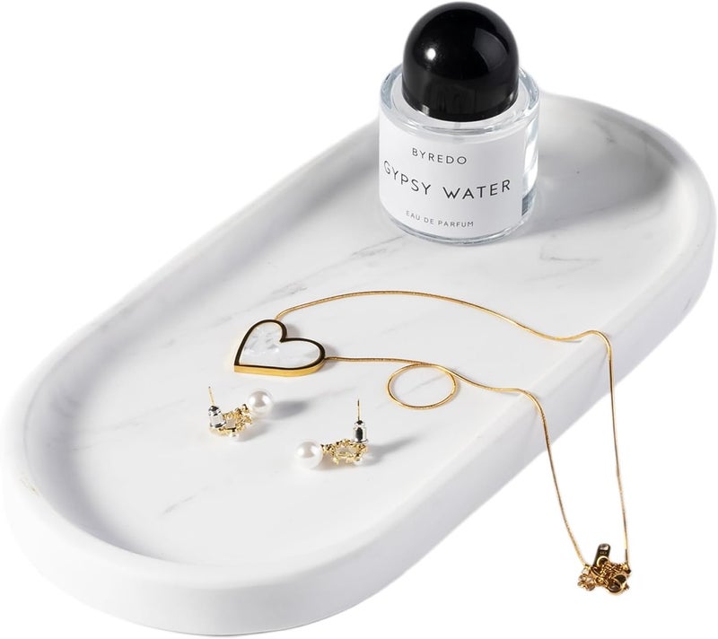 Koville White Marble Oval Tray for Bathroom Countertop, 10" x 5" Natural Marble Vanity Trays, Stone Perfume Organizer Tray for Decor, Jewelry Dish Perfume Trays for Dresser - Image 1